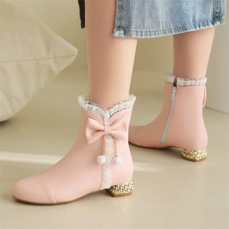 

Free Ship Sweet Lolita Style Butterfly-knot Ankle Snow Boots Princess Winter 2023 Pompon Pendant Low Heel Party Shoes for Women