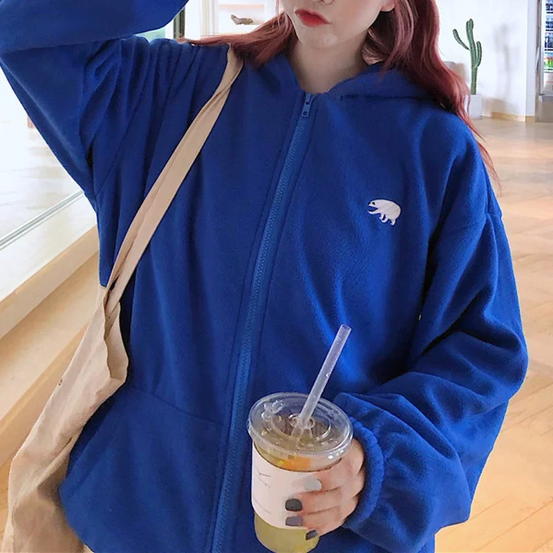 Women's Polar Fleece Hoodie Tops Autumn Korean Winter Fashion Animal Embroidery Printing Loose Plush Zipper Sweatshirt 2021 New winter women s polar fleece hoodie tops autumn korean fashion animal embroidery printing sweatshirt loose plush zipper 2023 new