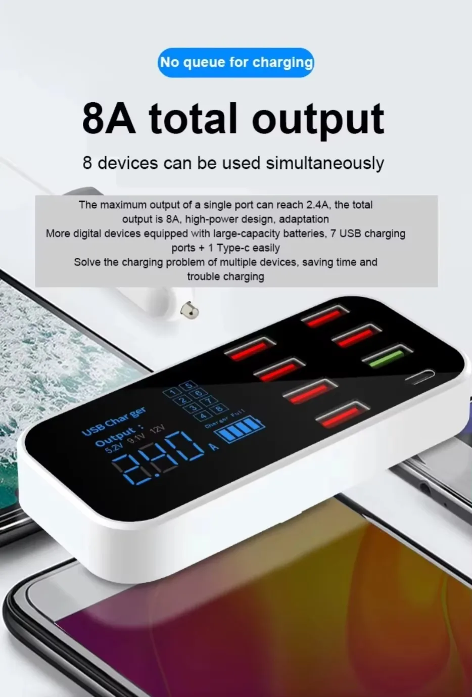 40W 8 Port PD USB Super Fast Charger Station LED Display QC3.0 Desktop Quick Charge For iPhone 16 15 14 13 Tablet Xiaomi Samsung