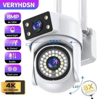VERYHDSN 8MP 4K PTZ 와이파이 카메라, 듀얼 렌즈 인간 감지, 자동 추적 야외 감시 카메라, 방수 보안 야간 투시경