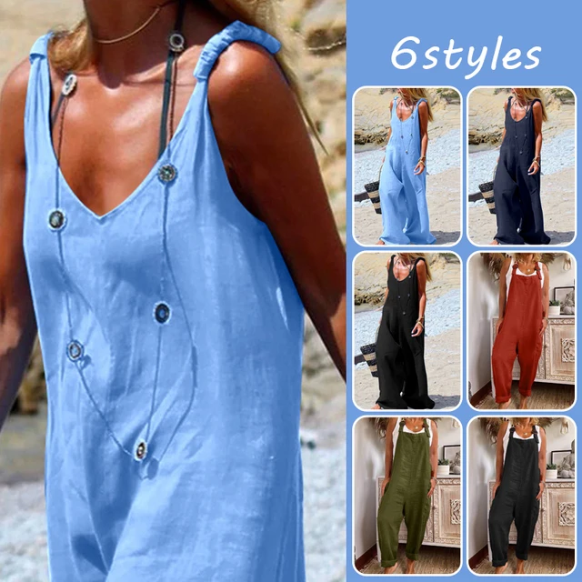Womens Cotton Linen Jumpsuit Dungarees Loose Playsuit Polyester Preppy Style Pants Pocket  Overalls Trousers 1