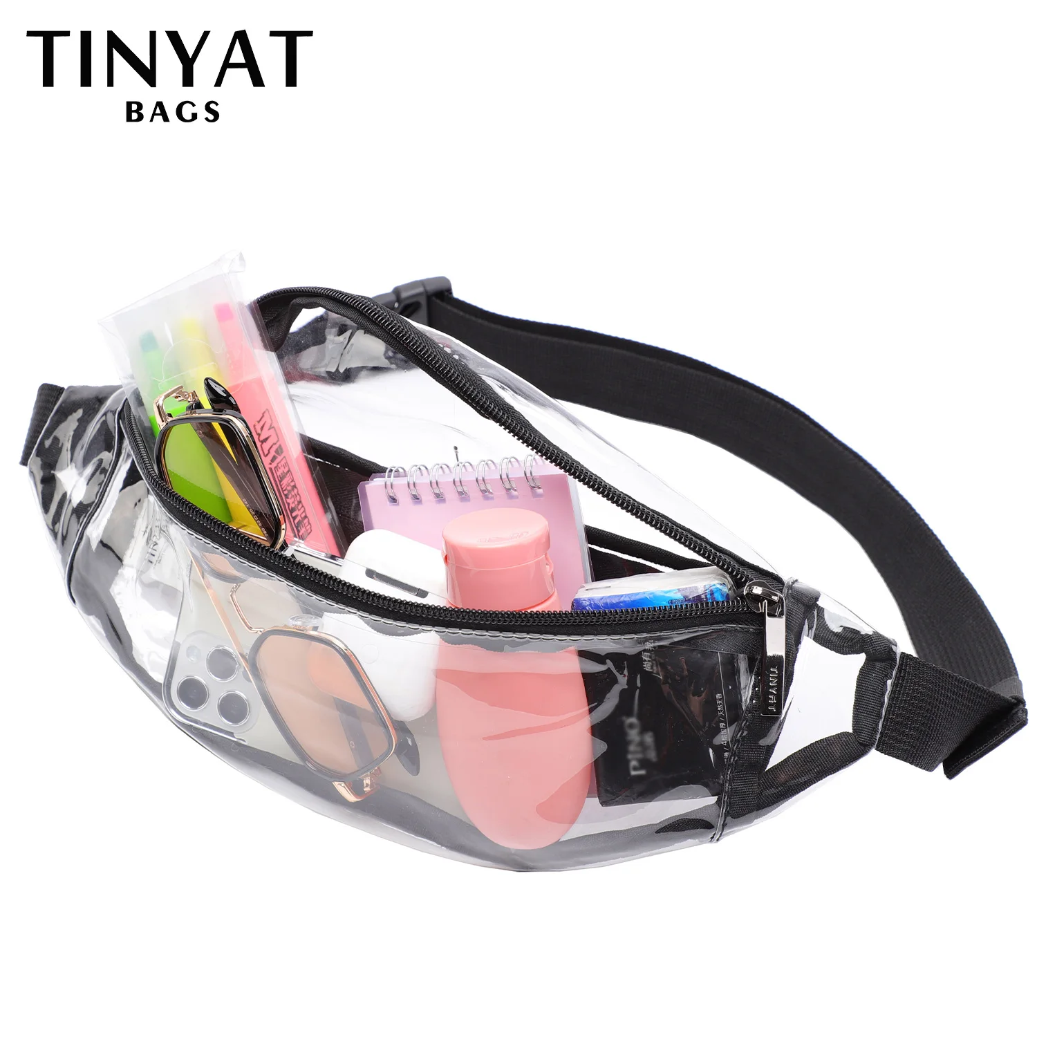 TINYAT Clear Women's Waist Bag Packs Concert Shoulder Belt Bag Man Casual Fanny Pouch PVC Fashion Bag For Women 2 Pockets