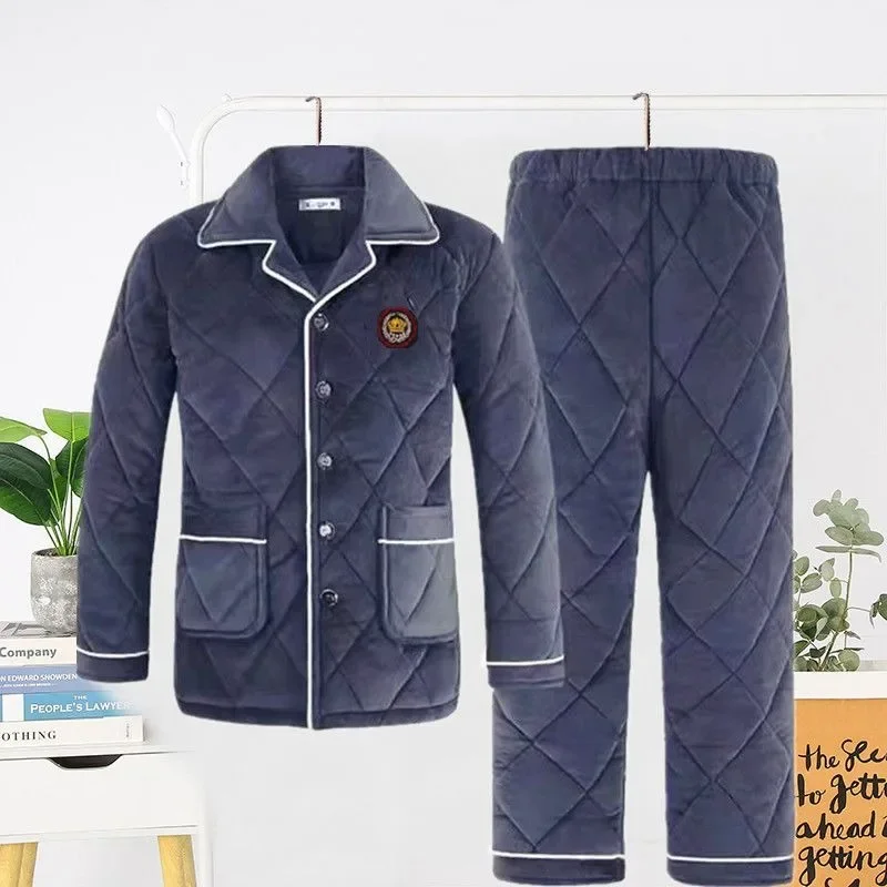 2024 New Pajamas Men's Winter Thick Three-layer Flannel Cotton Jacket Plus Size Sleepwear Set Stand Collar Loose Plush Homewear
