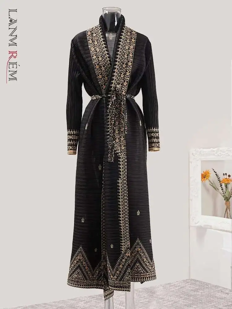 LANMREM Vintage Pleated Trench Coats Women Lapel Print Lace-up Full Sleeve Loose New 2025 Female Long Windbreaker 32S1011