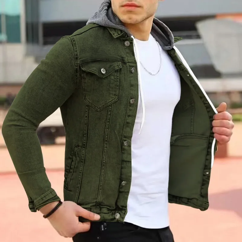 

Autumn Denim Jacket Men Hooded Casual Men Jean Jackets Streetwear Solid Denim Bomber Coats Hat Detachable Slim Fit Men Jacktes