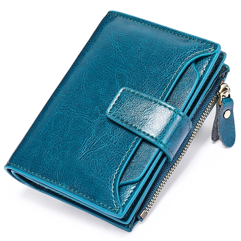 Women's Genuine Leather Short Wallet with Zipper Kpop Style Coin