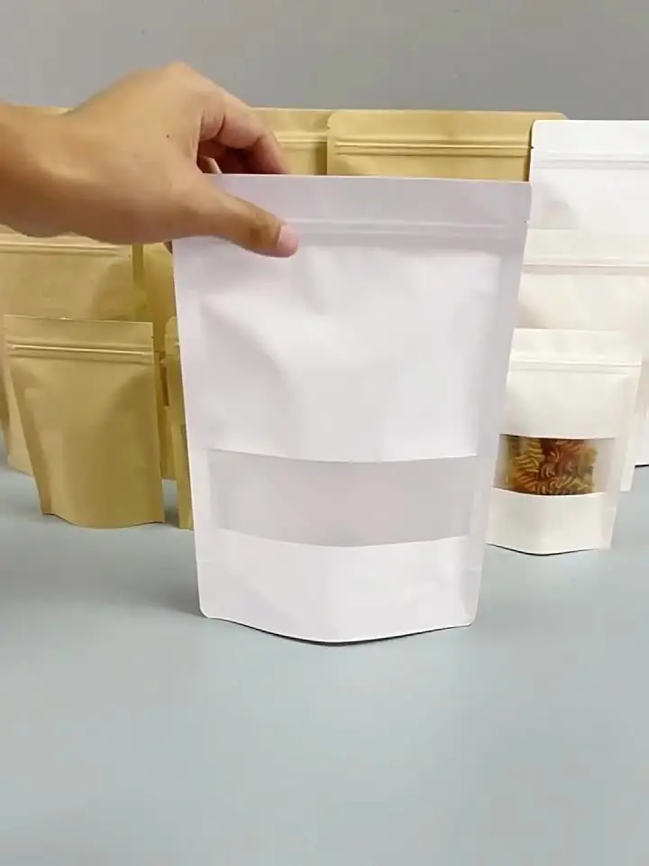 Стоячие пакеты Doypack из крафт-бумаги с окном коричневые замком 50 шт.
