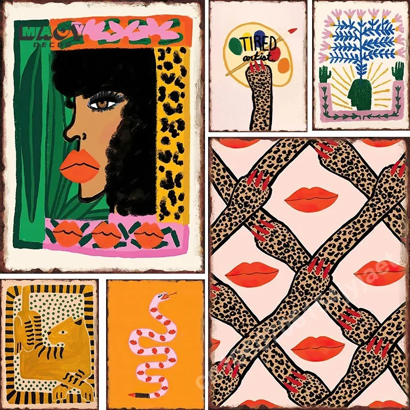 

Colorful Abstract Ancient Egypt Metal Signs Snake Leopard Woman Wall Art Metal Tin Sign Posters Prints Wall for Bedroom Decor