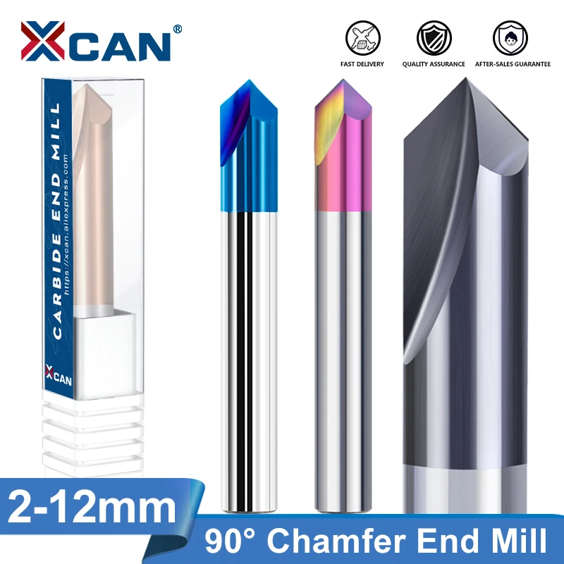 XCAN Chamfer Milling Cutter Carbide End Mill 90 Degree 2 12mm 2 Flute Nano Blue Coated, CNC Machine Router Bit
