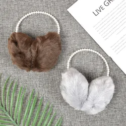 Women Girls Winter Earmuffs Fluffy Plush Thicken Imitation Pearl Beaded Headband Ear Warmer Princess Kids Party Styling Headwear