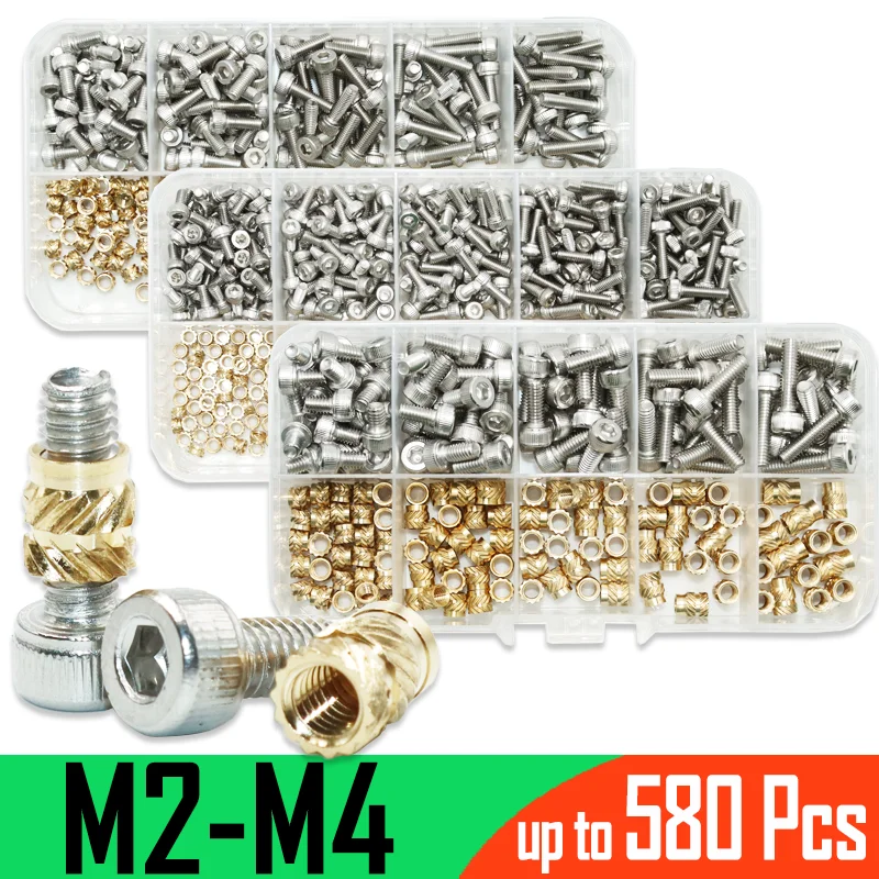 Brass Insert Nut and Stainless Steel Hex Screw Set M2 M3 M4 Embed Copper Heat Soldering Iron Tip Tool for 3D Printer Nut Inserts