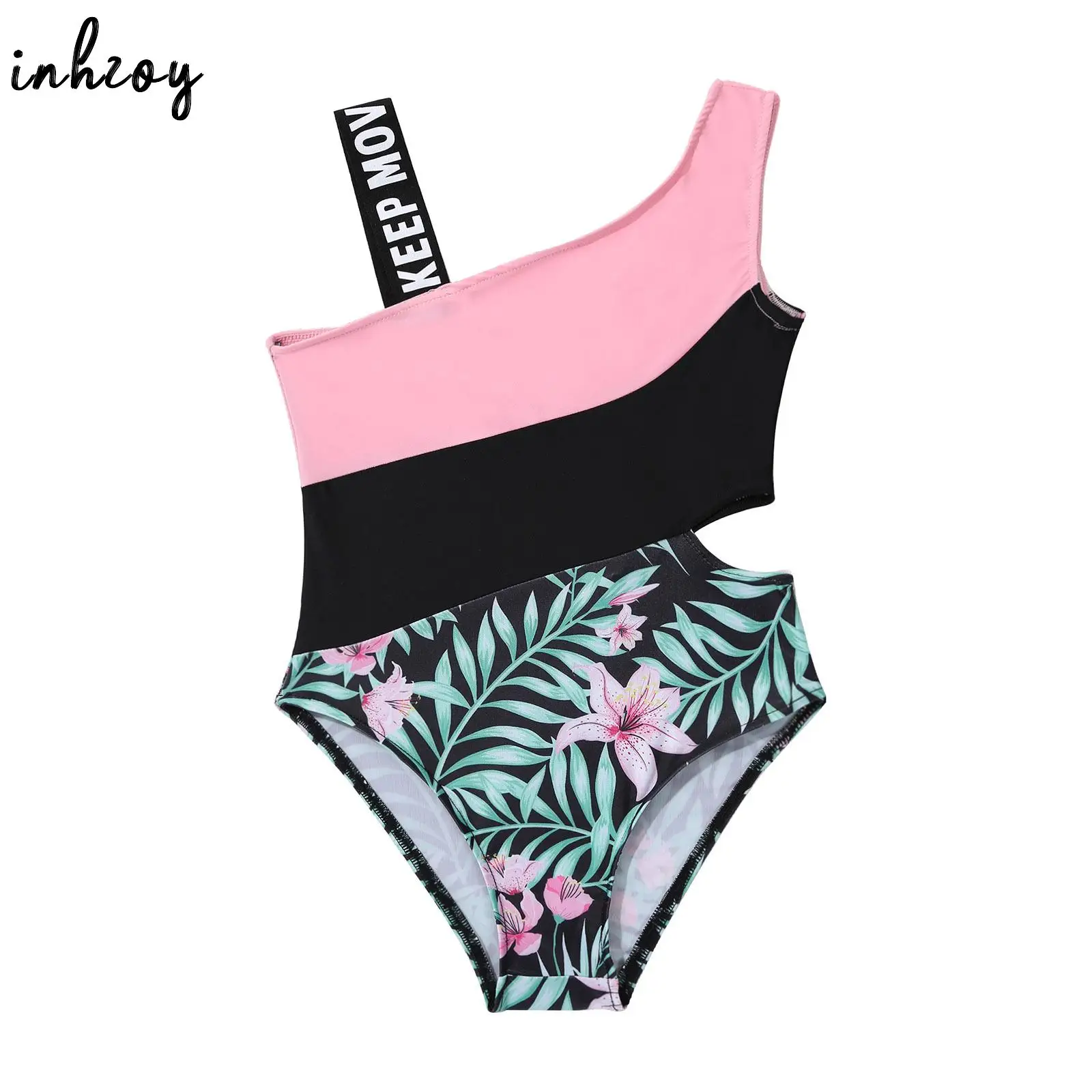 Children Swimsuit Girls One Piece Swimsuit Floral Print Swimwear Asymmetrical Shoulder Hollow Out Waist Swimming Jumpsuit Beach Pool Bathing Suit