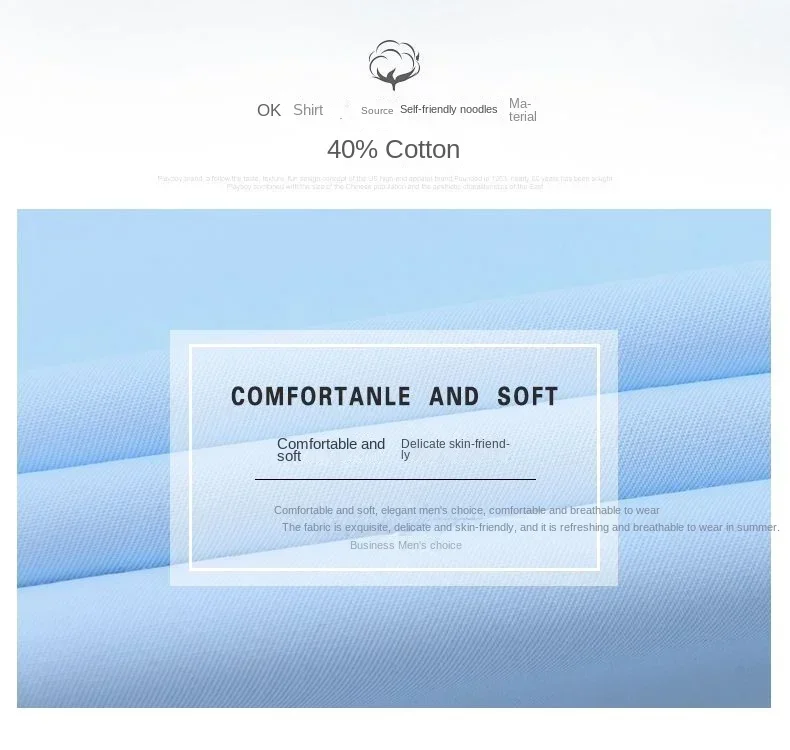 Description Picture 3 of itemClassic Cotton Casual Shirts Men Long Sleeve Shirt for Business Blue White Porcelain Collar Dress Shirt Fashion Korean Clothing