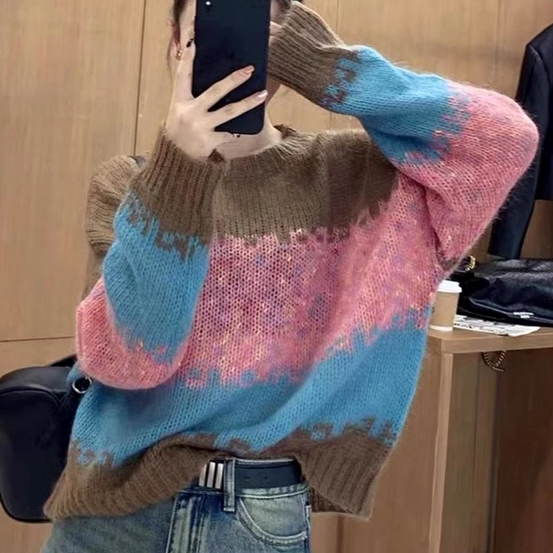 Autunno Manica Lunga Donna Maglione Lavorato A Maglia 2023 Coreano Inverno Pullover Larghi Moda Donna Dolce Maglieria A Righe Arcobaleno 29302