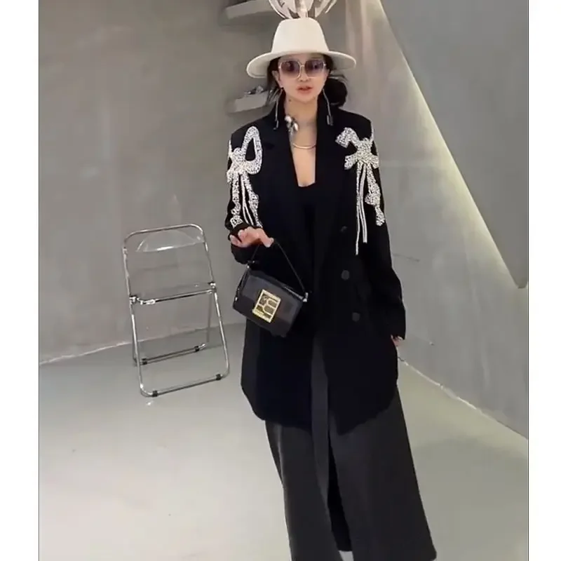 SuperAen Loose Bow Design Casual Suit Black Blazer Women\'s Spring Autumn High Street Black Blazer for Women