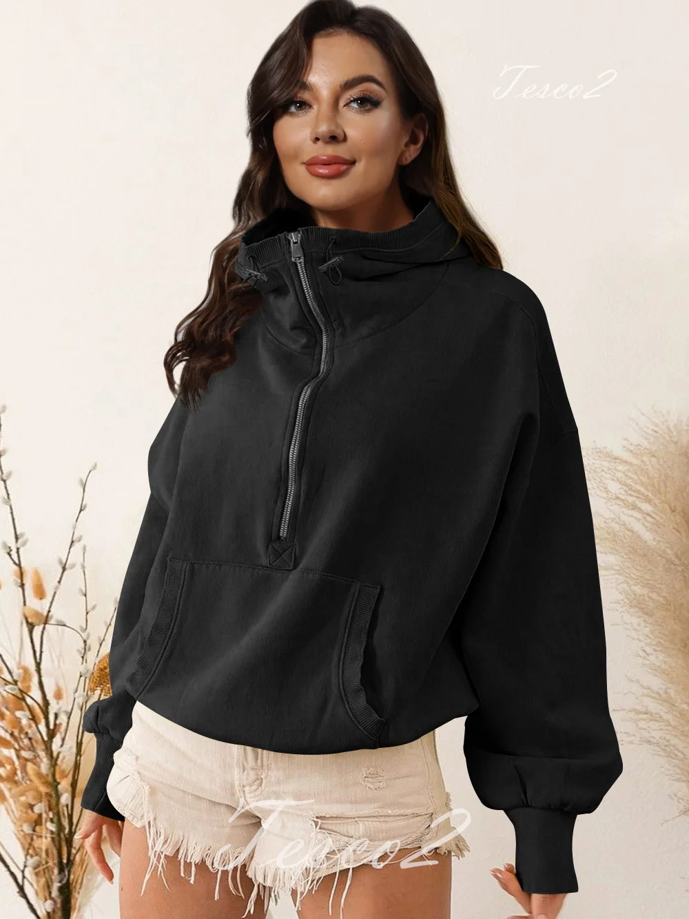 Tesco New Products Women's Hoodies Women's Trendy Sports Sweatshirts Long Sleeve Loose Pullovers With Zipper Female Top Hooded