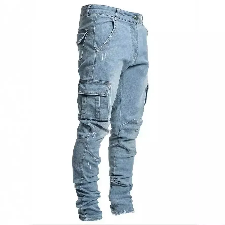 Solid Color Fashion Men Casual Pants Stretch Jeans Skinny Work Trousers Male Wash Slim Fit Zippered Jeans
