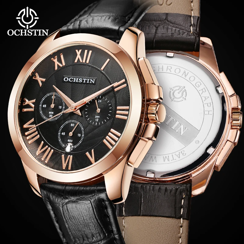 OCHSTIN Prominente Series Luxury Men's Quartz Watch Leather Strap Multi-functional Sports Business Date Quartz Clock