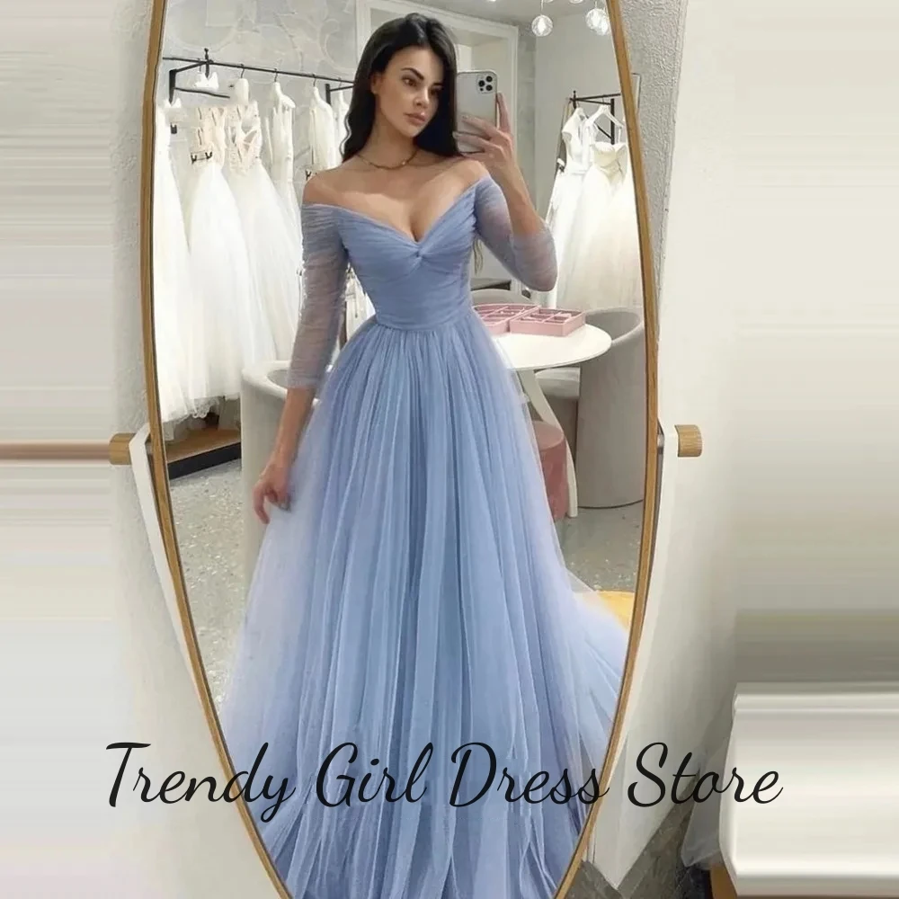 

Charming Blue Elegant A-Line Tulle Pleat Evening Dress Floor-Length Off Shoulder Prom Gowns Robe De Soiree Femmes Custom