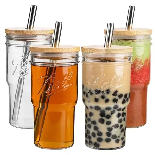 4pcs 700ml Glass Straw Bamboo Lid Cold Drink Cup Transparent Tea Drinkware Retro Mug Home Party Bar Party Cup Cocktail Whiskey
