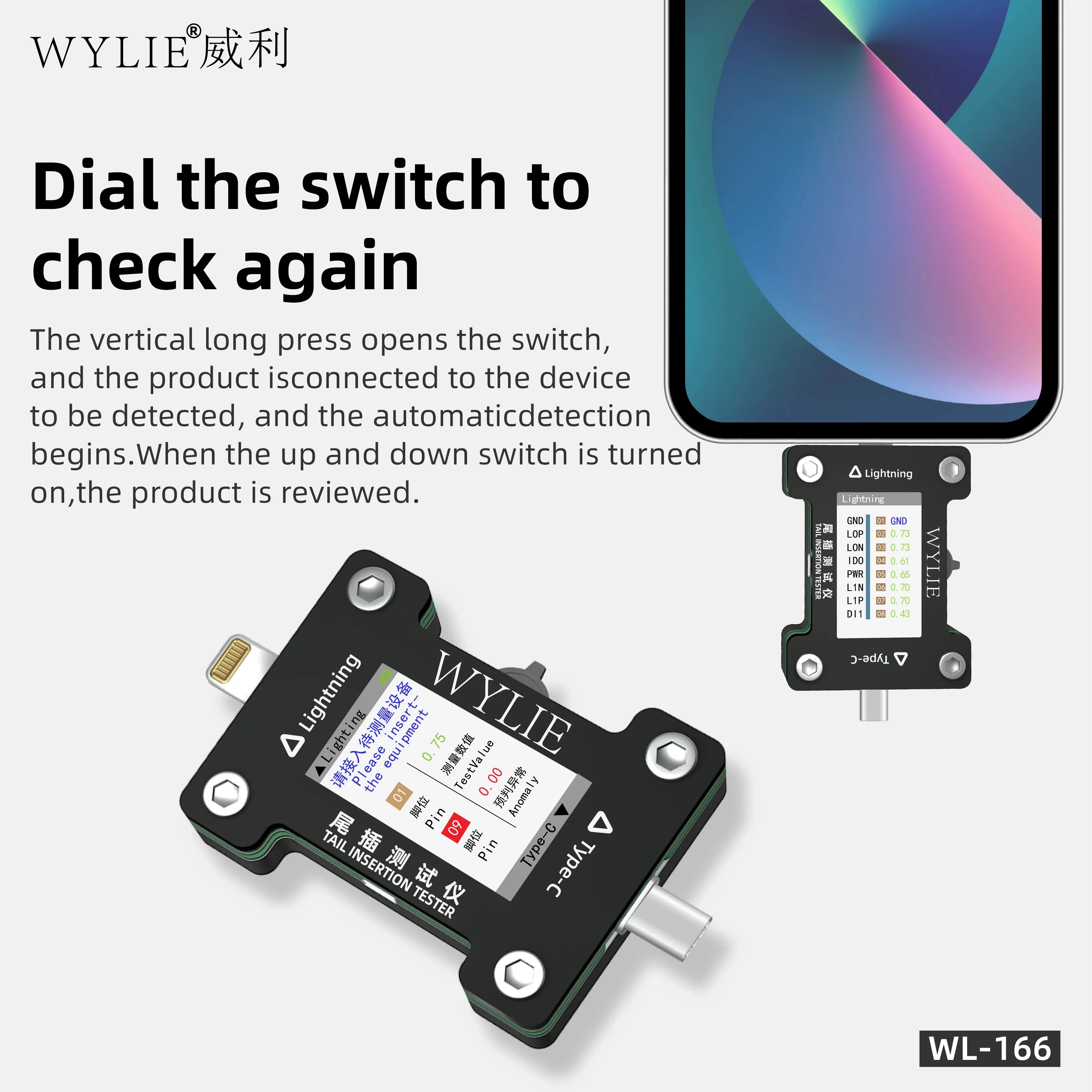 WYLIE WL-166 테일 삽입 테스터 라이트닝/타입-C 포트 테스터 아이폰/안드로이드 자동 고장 감지 HD 디스플레이 수리 도구