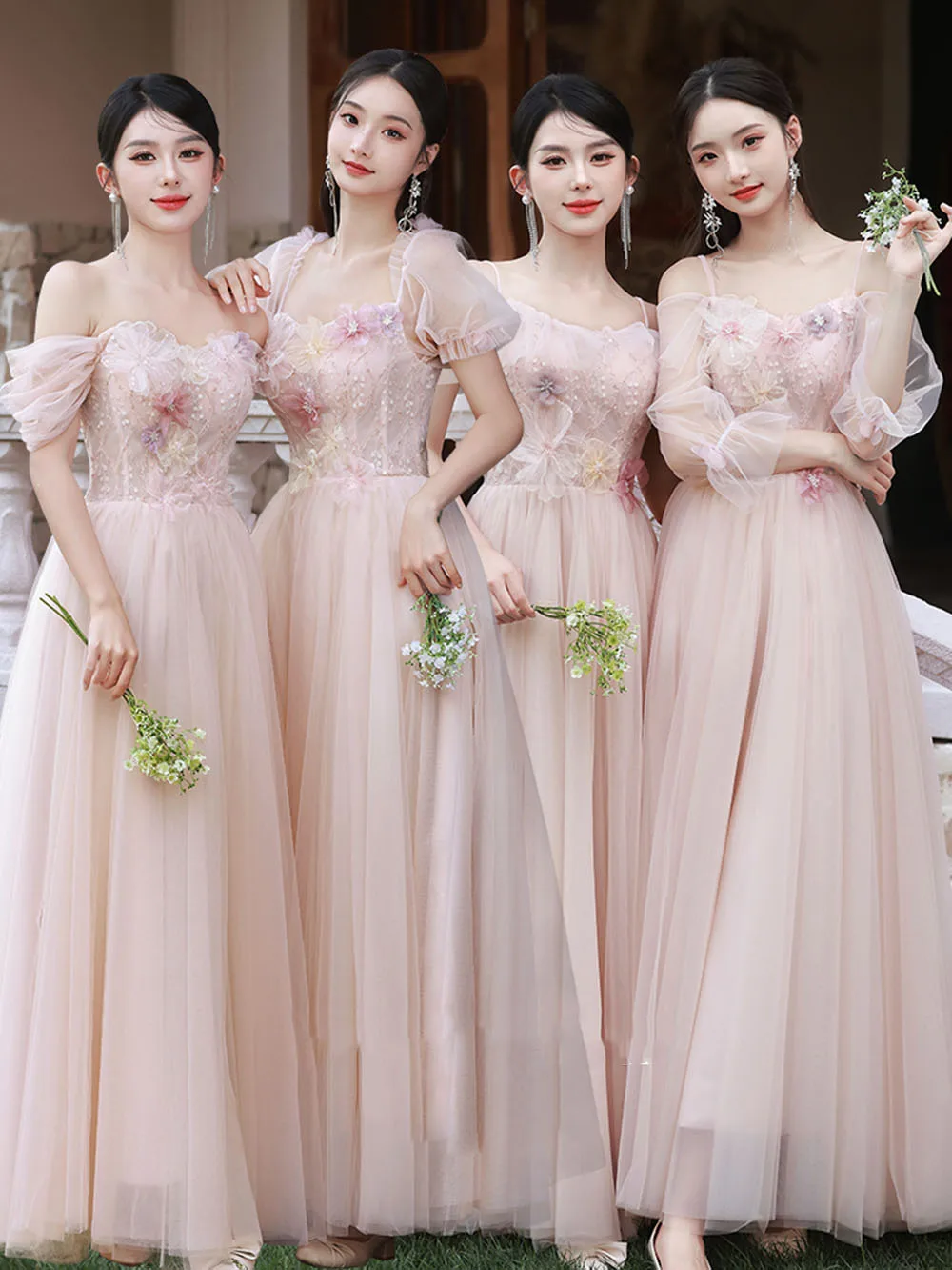 

4 Styles Pink Bridesmaid Dress Women's Elegant Thin Tulle Off The Shoulder Flower Appliques A-line Wedding Party Guest Vestido