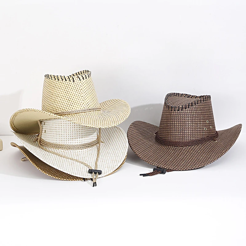 

Solid Straw Hats For Women Men Western Cowboy Hat With Rope Wide Curling Brim Cap Chin Strap Beach Sun Hats UV Protection