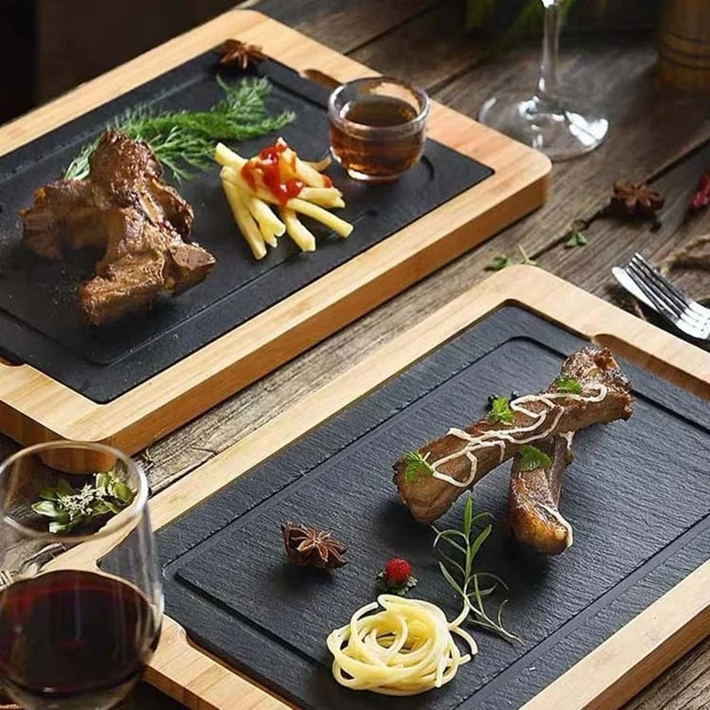 

Hotel Retro Creative Black Slate Bamboo and Wood Steak Dish Western Dish Dish Heat Insulation Platter Hot Dish Slate Plate
