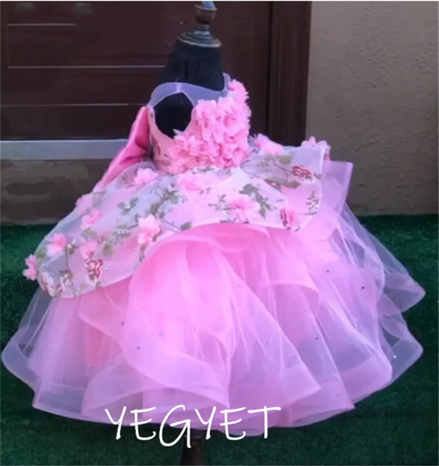 

Flower Girl D ress Pink Princess Kids Dress Birthday Party Gown Sheer Neck Ball Gown Kids Clothing