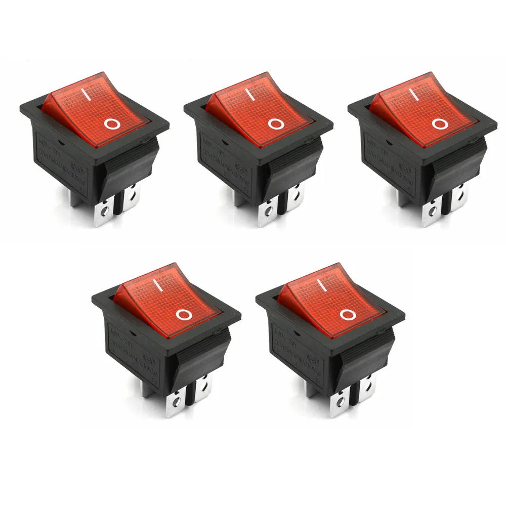 

5Pcs Red Lamp 4 Pin ON/OFF 2 Position DPST Rocker Switch 16A/250V KCD4-201 NEW Copper Red Light Switch Power Tool New