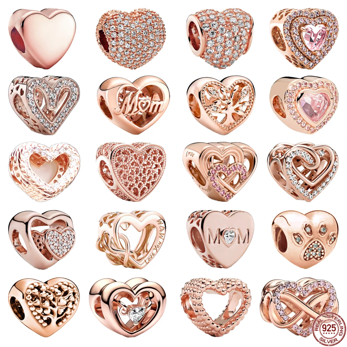 

Rose Gold Series 925 Sterling Silver Charm Heart Shaped With Mom Claw Print Bead Fit Original Pandora Bracelet Women DIY Jewelry