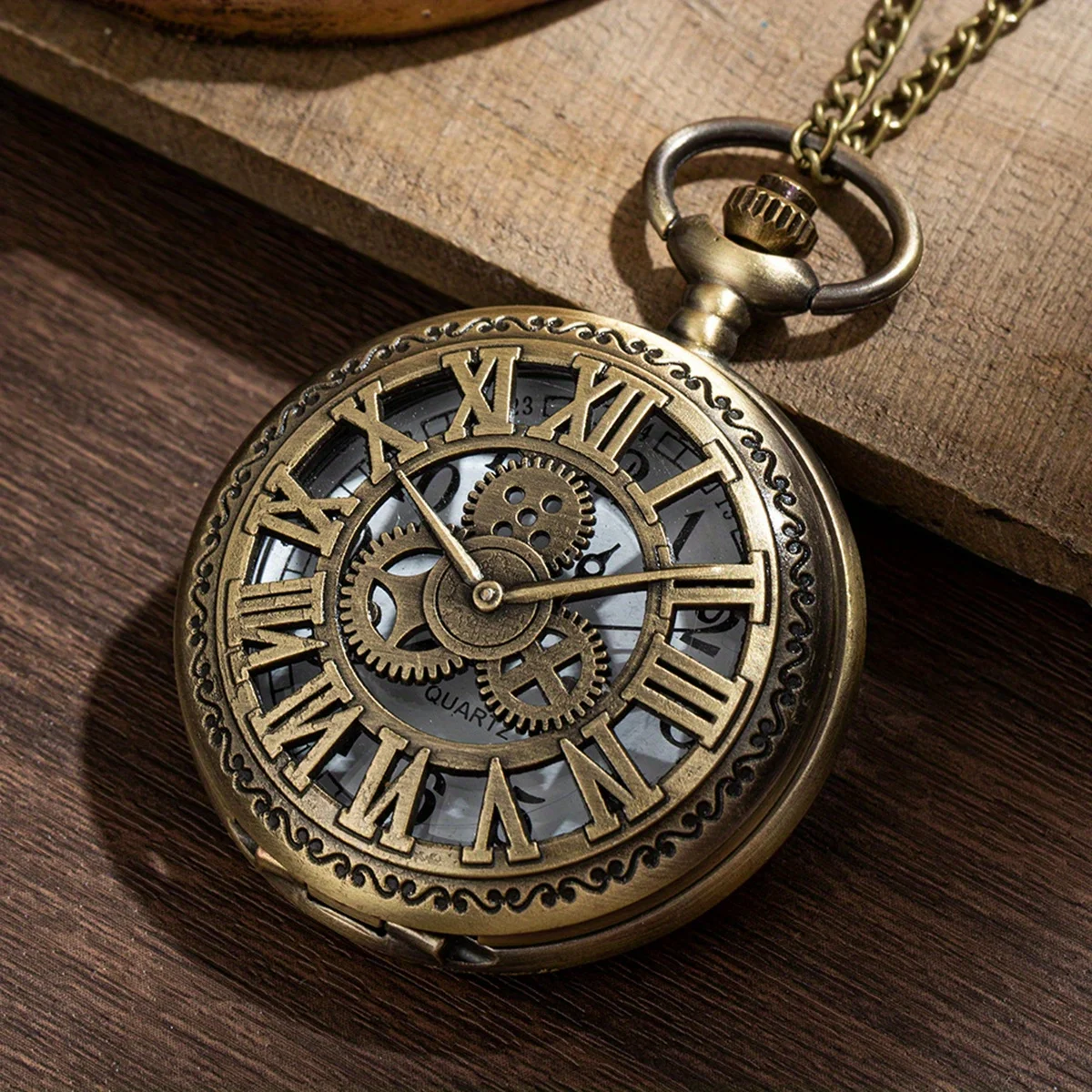 Antique Steampunk Bronze Hollow Gear Movement Quartz Pocket Watch Pendant Gift With Chain Boys Men