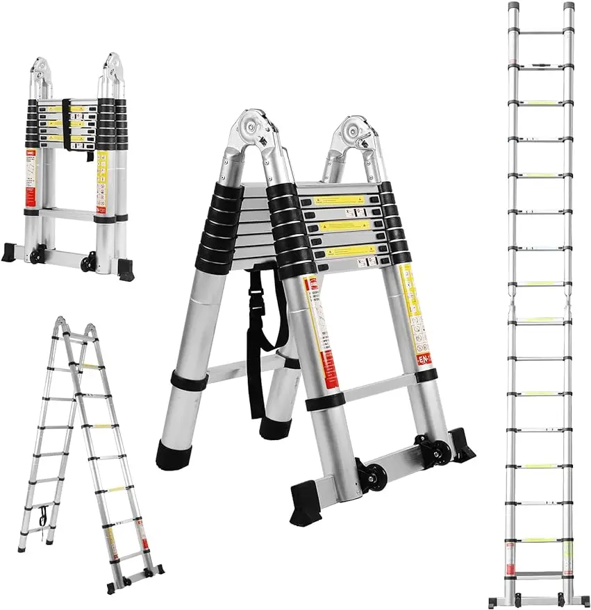 BOWEITI Telescoping Extension Ladder, 16.5FT Telescoping A Frame Ladder with Balance Bar and Movable Wheel,Household Use Folding en131 6 6ft 2m telescoping ladder folding ladders aluminum multi purpose household thickening extension ladder