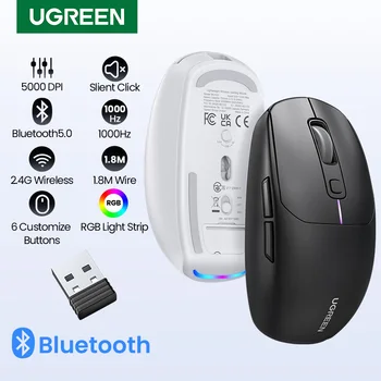 UGREEN 게이밍 마우스 5000DPI 무선 마우스 블루투스 5.0 2.4G 유선 충전식 게이머 마우스 6 버튼 맥북 태블릿 노트북용
