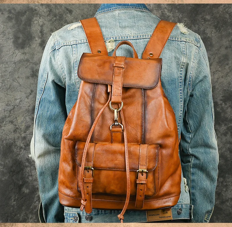 Anti Theft Men's Genuine Leather Backpack Vintage Handmade Knapsack Male Retro Rucksack Large Fashion Travel Backpack Bag Male 6