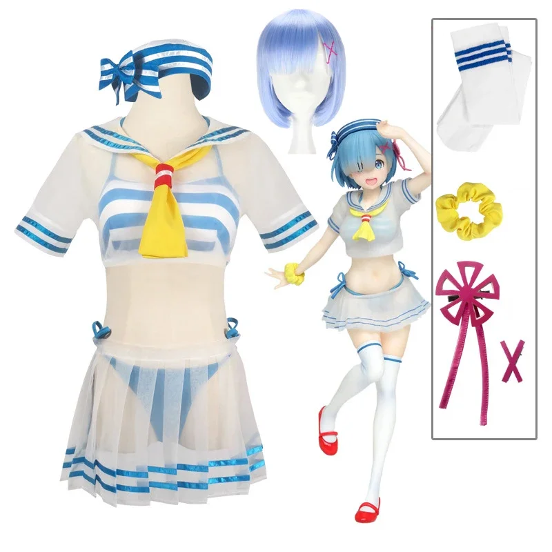 

Illustration Re:Life In A Different World From Zero Rem Cosplay Costume Girl Wig Sailor Suit Cute Swimsuit Top Skirt Costumes