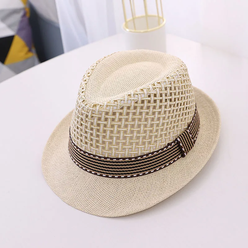 Cappello da spiaggia estivo per bambini in paglia Jazz Panama Baby Boy Cappelli da sole in rete Tinta unita Fedora Nastro Berretto da cowboy per bambini casual_voghion.com