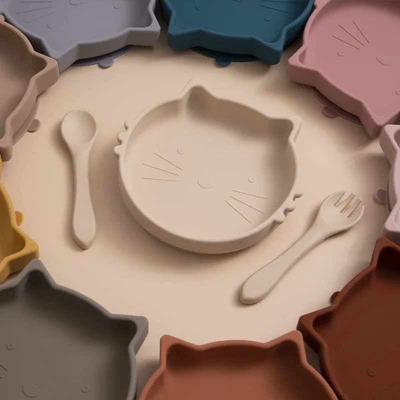Baby Dishes Silicone Suction Plate Cute Cartoon Cat Children Food Tableware BPA Free Non-Slip Infant Food Feeding Bowl For Kids 3