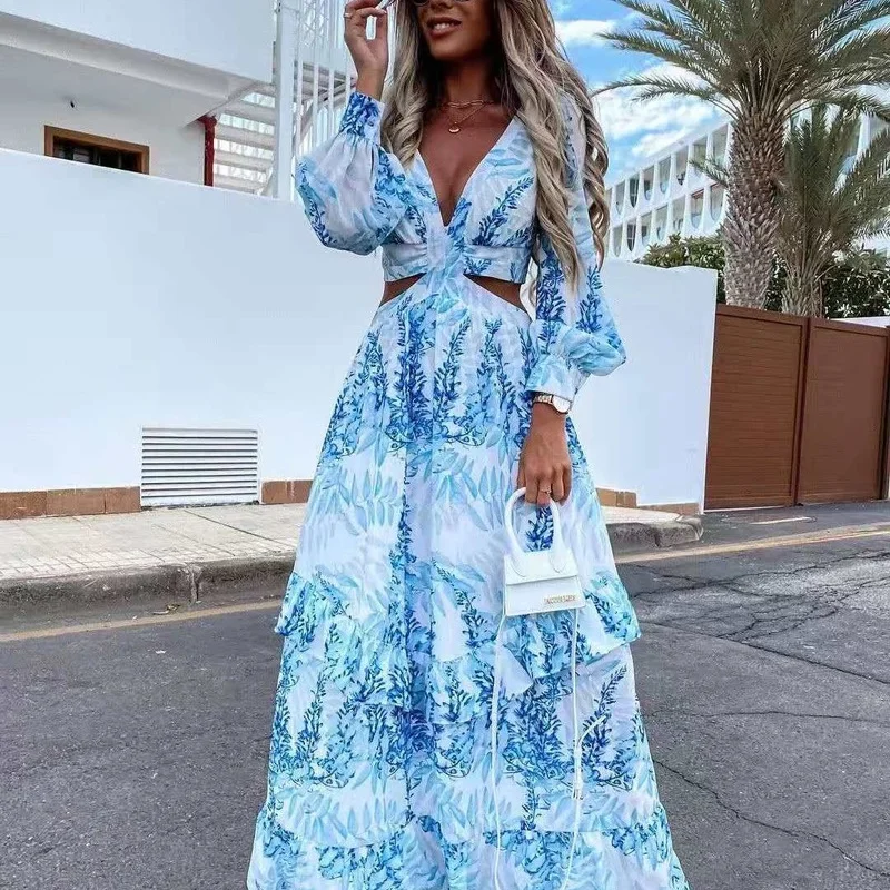 

Boho Beach Long Dress Sexy Hollow Out Deep V Neck Summer Bohemian Women's Dress 2021 Print Ruffle Party Maxi Dresses Long Sleeve