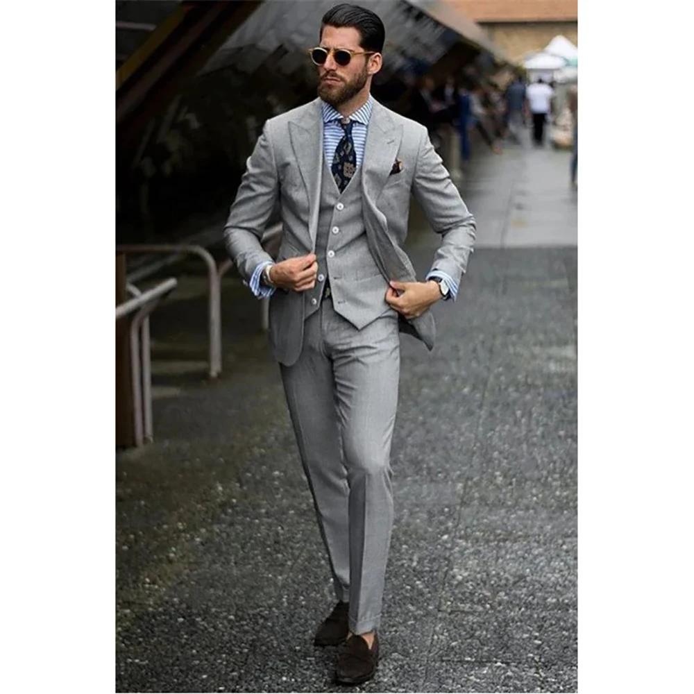 

Grey Men's Suits Blazer Single Breasted Peaked Lapel Formal 3 Piece Jacket Pants Vest Slim Fit Business Outfits Ropa Hombre 2024