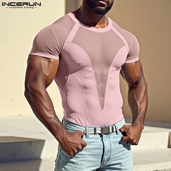 INCERUN Tops 2024 American Style Fashion Sexy Men's Mesh Splicing T-shirts Male Casual Elastic Breathable Short Sleeved Camiseta 1
