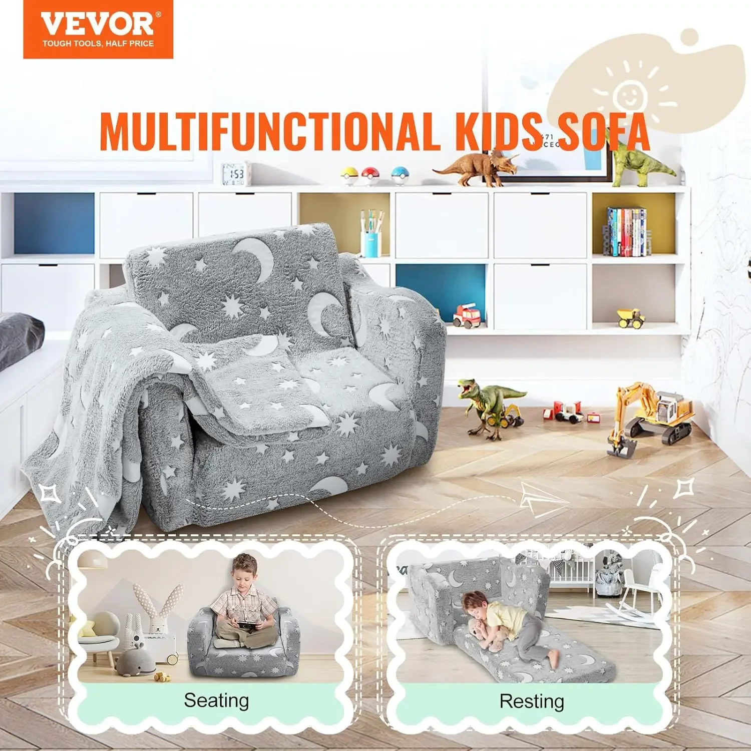 Fold-Out Kids Sofa, Glow-in-The-Dark Kids Couch Chair, 2-in-1 Children Convertible Sofa to Lounger 4