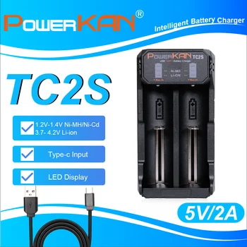 Caricabatterie intelligente POWERKAN TC2S con indicatore LED per batterie ricaricabili Li-ion 3.7V 18650 21700 26650 NiMH 1.2V AA AAA 2 slot USB-C
