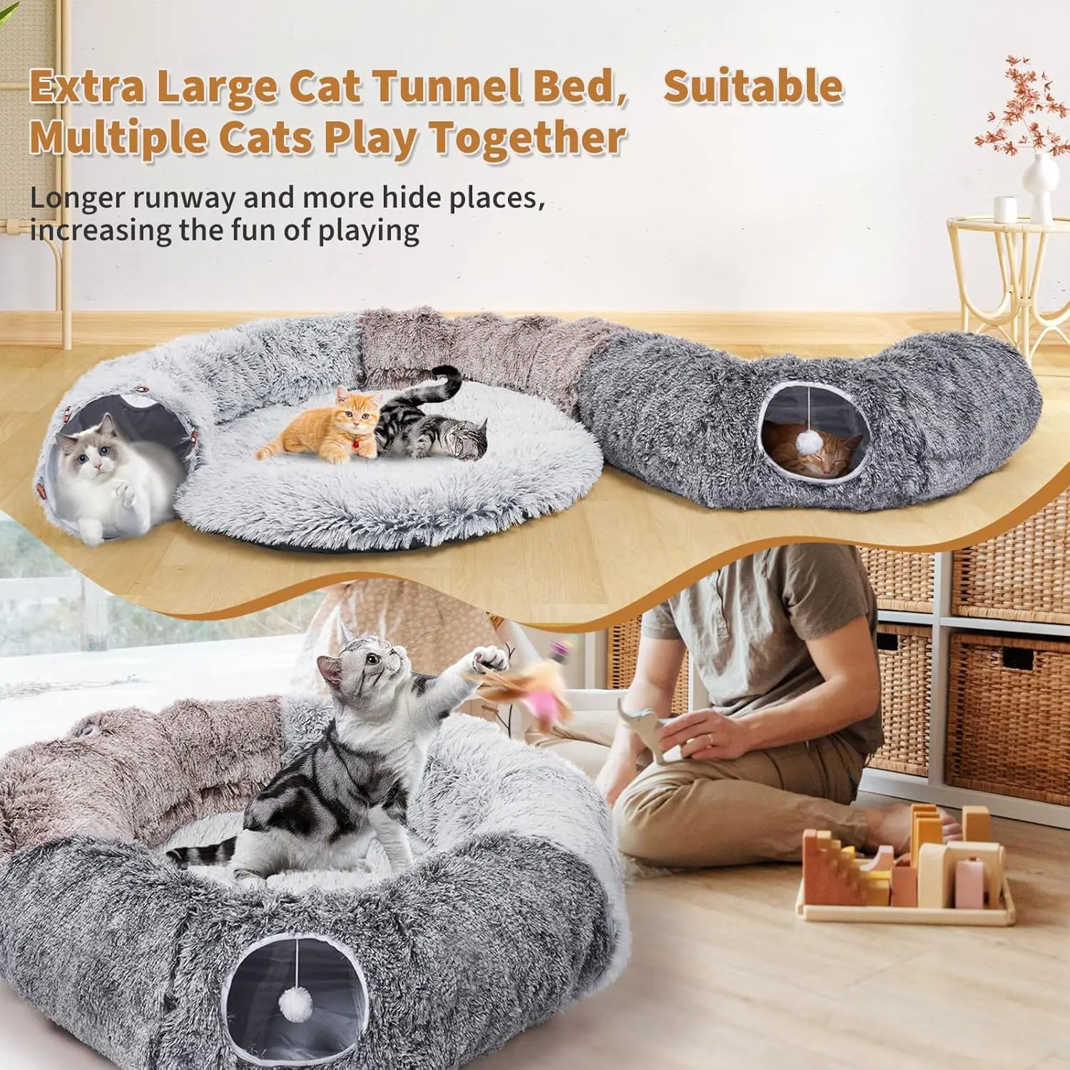 Large Cat Tunnel with Warm Bed & 20 Toys – Detachable Indoor Play Cave for Kittens