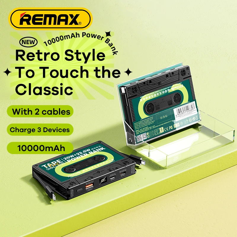 Remax Power Bank 10000mAh Tape Built-in Cable Power Bank QC Fast Charging USB LED Digital Display Retro for iPhone Huawei Xiaomi