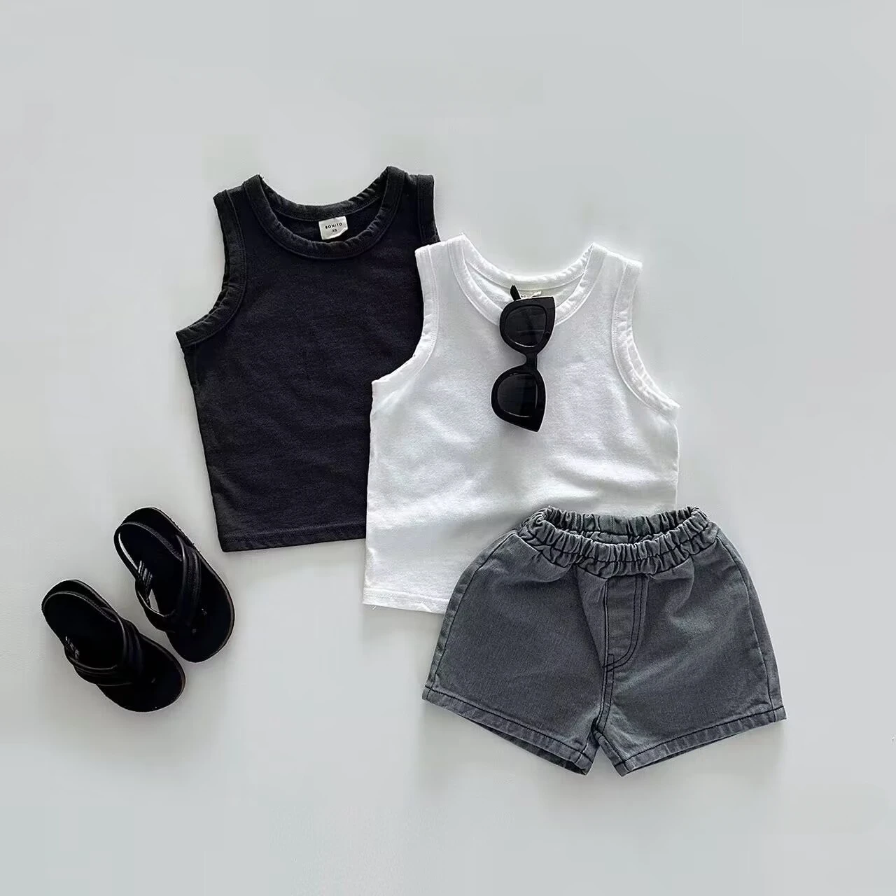 Korean Summer Boys and Girls Cotton Solid Pocket Pants Thin Casual Denim Shorts Kids Shorts