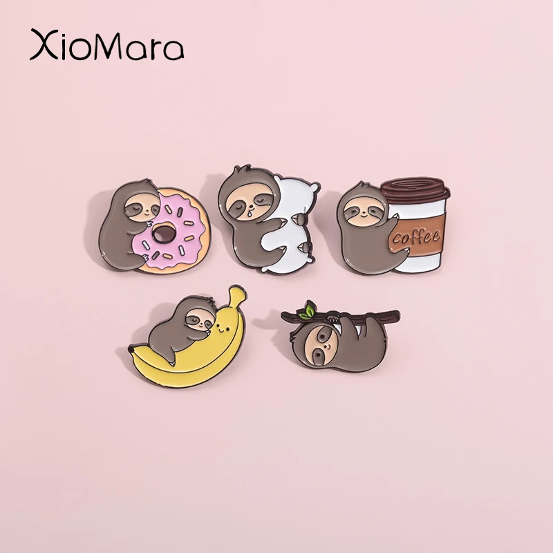 

Lazy Sloths Hanging On Branches Enamel Pins Custom Banana Donut Sloth Brooches Lapel Badges Jewelry Gift For Kids Friends