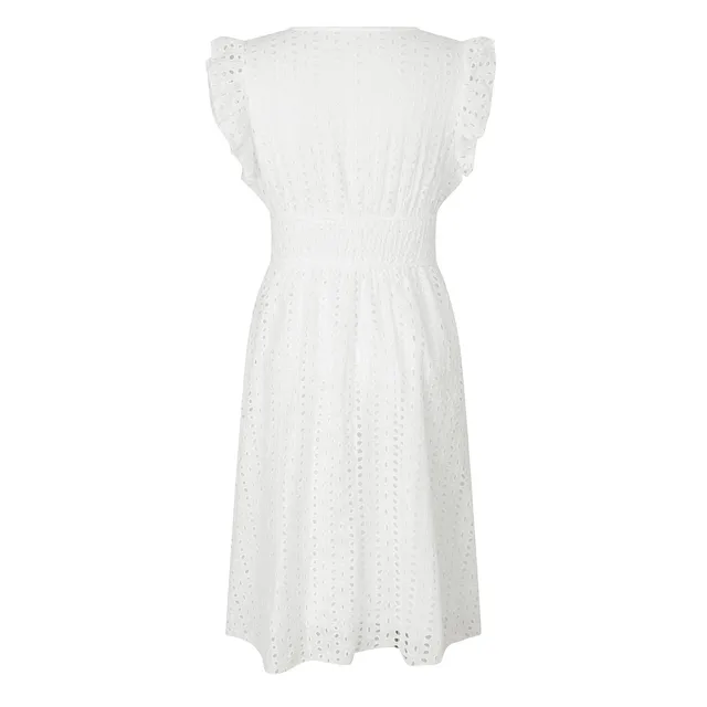 Women White V-Neck Beach Dress Solid Summer A-Line Half Sleeve Shirt Dress Casual Loose Pocket Sundress Holiday Baggy Long Robe 5