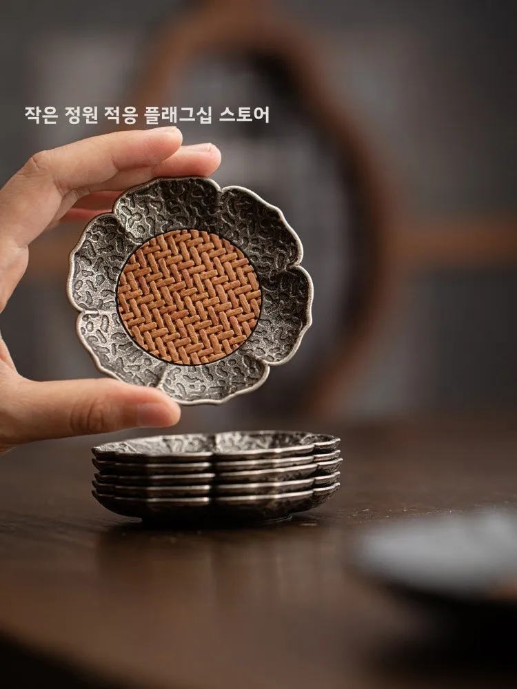 레트로 합금 대나무 짜임 매트 차 코스터 공부차 세트 가정용 단열 방열 차 트레이 차 끓이기 매트