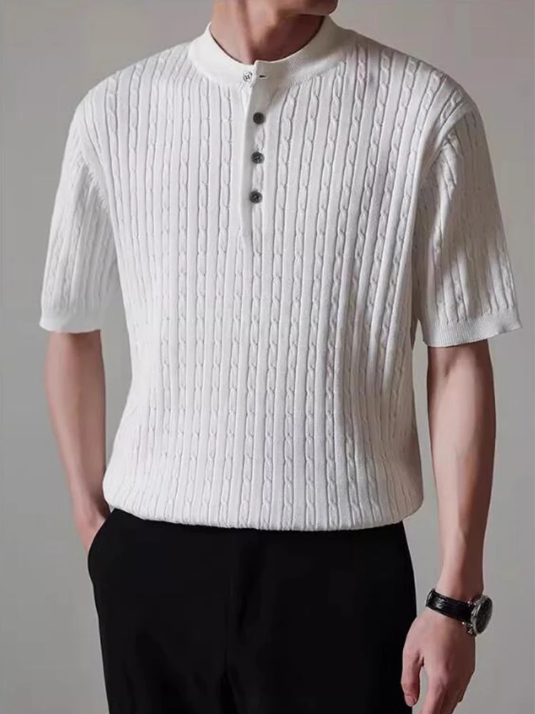 여름 레저 남성 의류 패션 솔리드 슬림 니트 폴로 2024 캐주얼 남성 폴로 셔츠, 니트 반팔 버튼 O-넥 탑